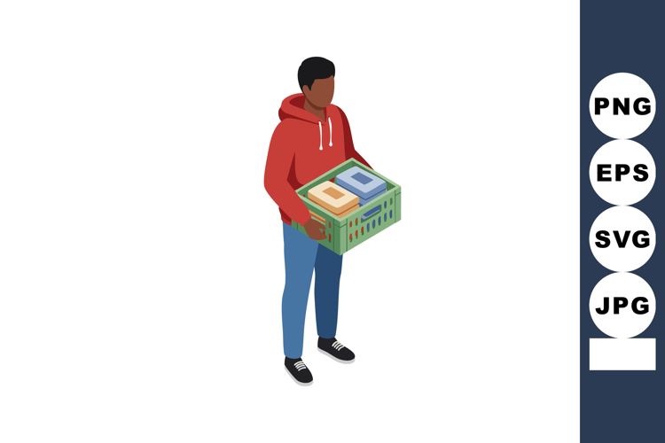 Young man holding green box with books wearing red hoodie an