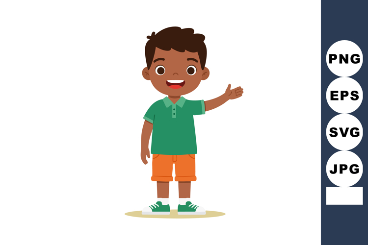 Happy smiling boy waving hand in green shirt and orange shor
