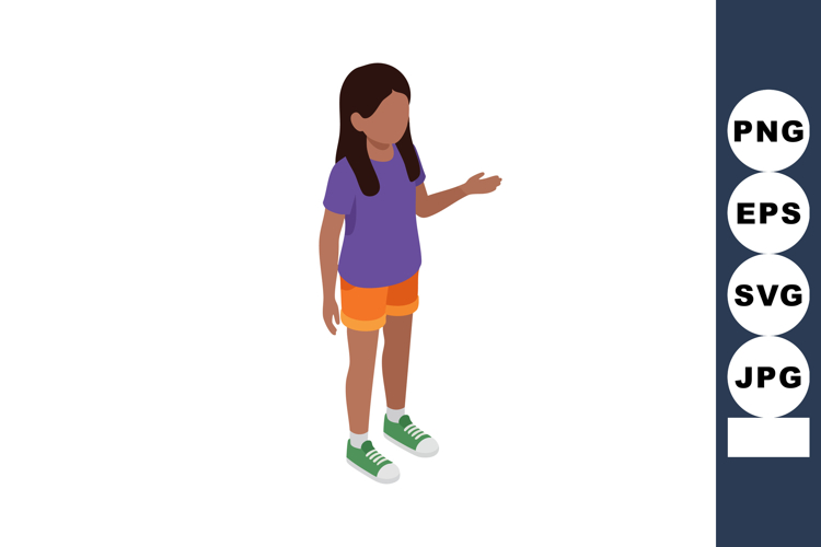 Girl standing with outstretched arm wearing purple shirt ora
