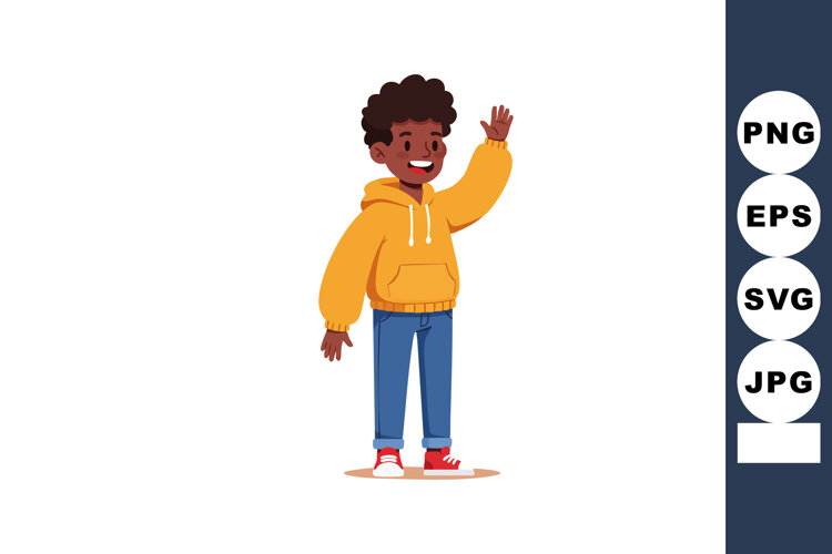 Boy waving hand wearing yellow hoodie and blue jeans casual example image 1