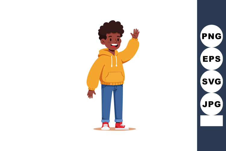 Boy waving hand wearing yellow hoodie and blue jeans casual