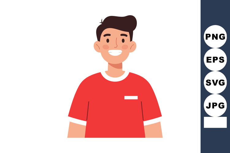 Smiling young man with short dark hair wearing red t-shirt c