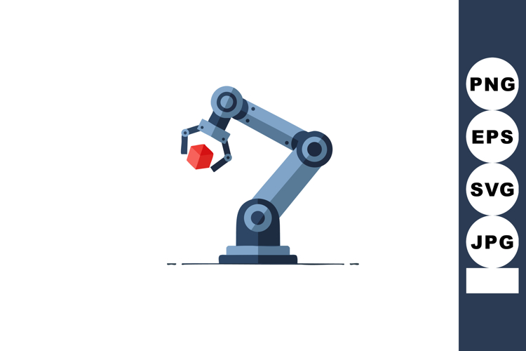 Industrial robotic arm holding red cube for automation and m