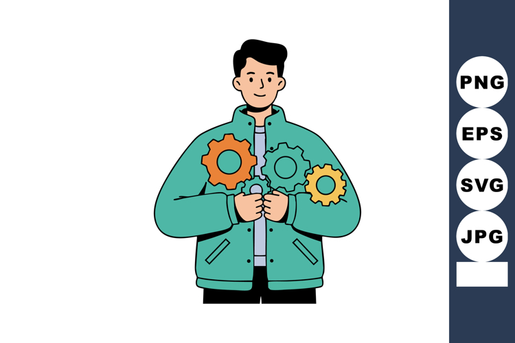 Young man holding colorful gears symbolizing teamwork and en