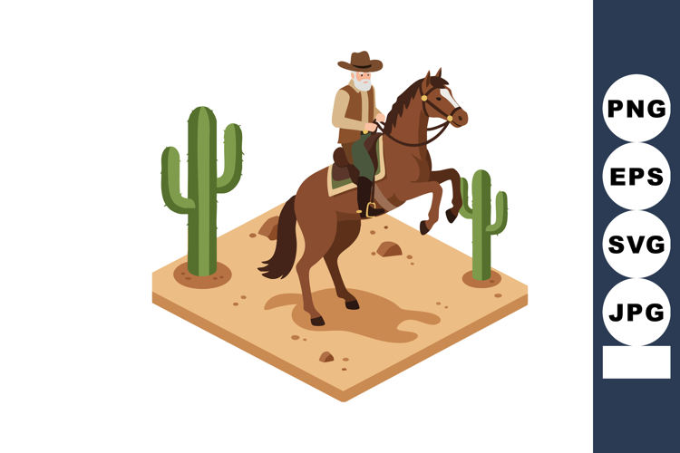 Cowboy riding rearing horse in desert with cactus plants and example image 1