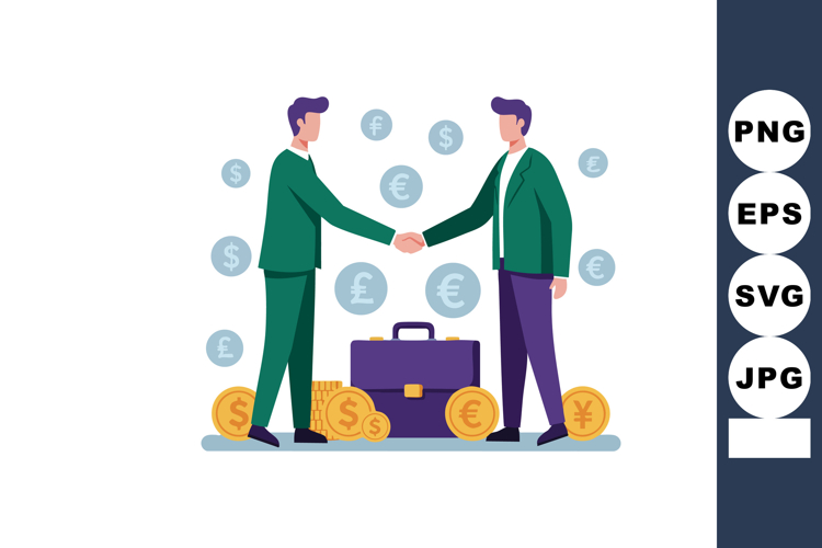 Businessmen shaking hands surrounded by various currency sym