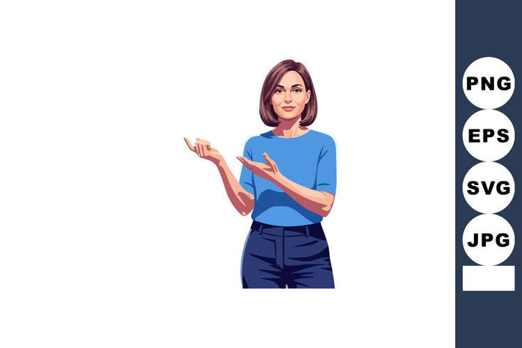 Woman in blue shirt presenting with hand gestures vector ill