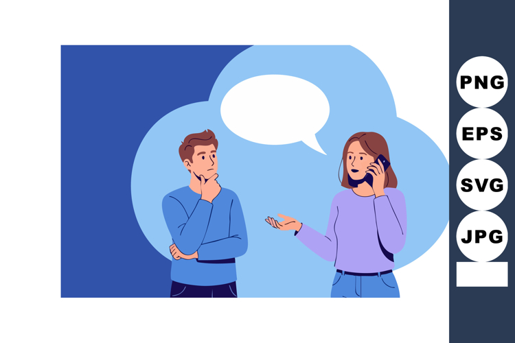 Young man and woman communicating using phone and speech bub