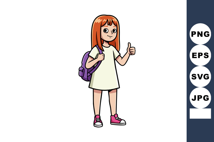 Young girl with orange hair wearing white dress and purple b