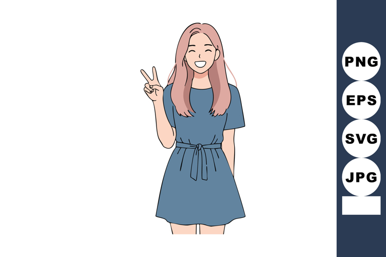 Young woman smiling with peace sign wearing blue dress vecto