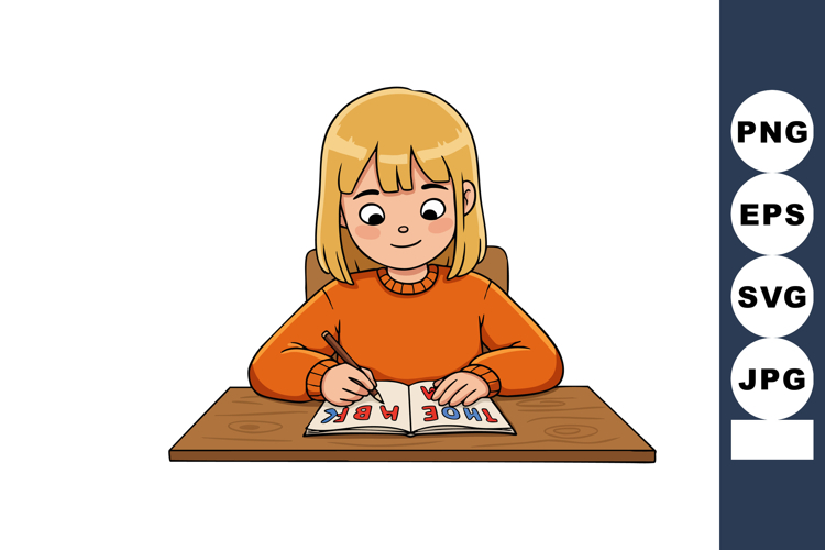Girl writing in notebook at wooden desk in orange sweater ve