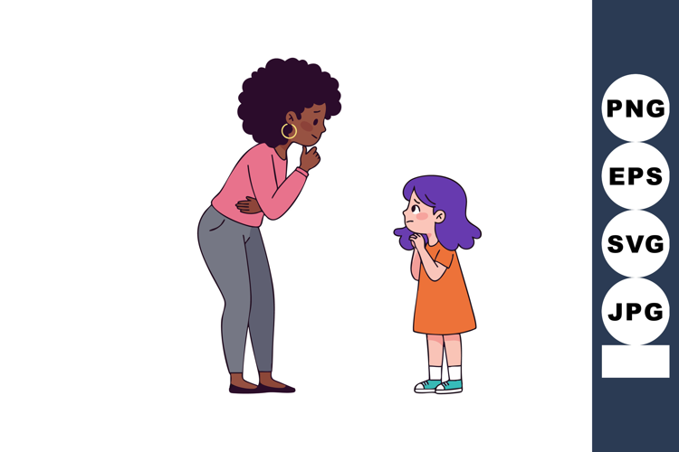 Woman and little girl having a serious conversation standing