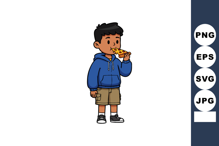 Boy eating slice of pizza casual outfit hoodie and shorts ve