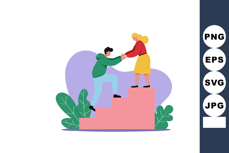 Helping man and woman teamwork cooperation support on stairs