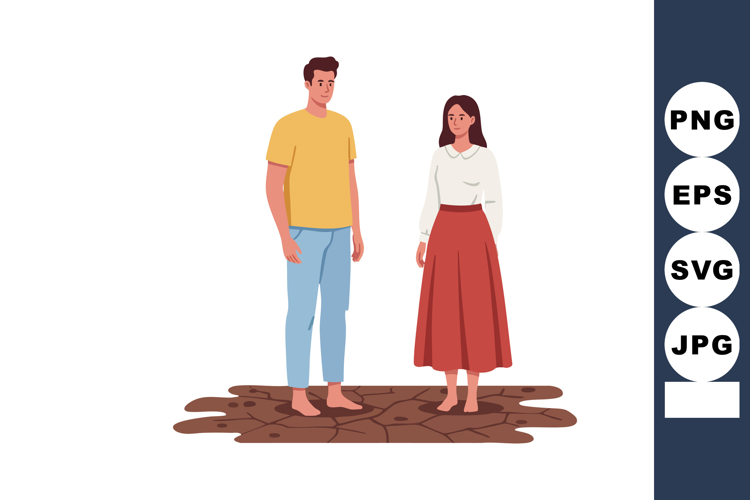 Young Man and Woman Standing on Cracked Ground Illustration