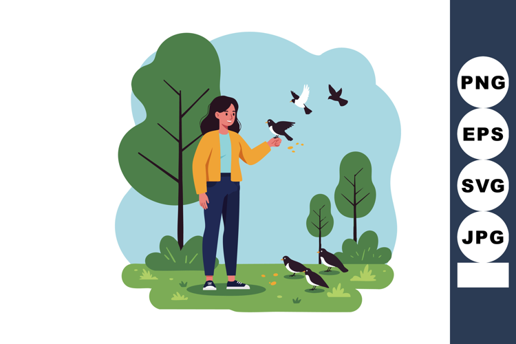 Woman feeding birds in park surrounded by green trees and gr