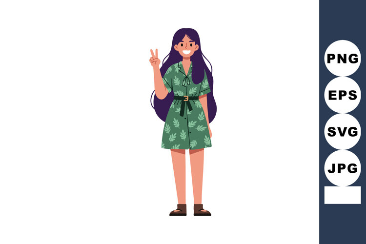 Young woman showing peace sign in green leaf patterned dress example image 1