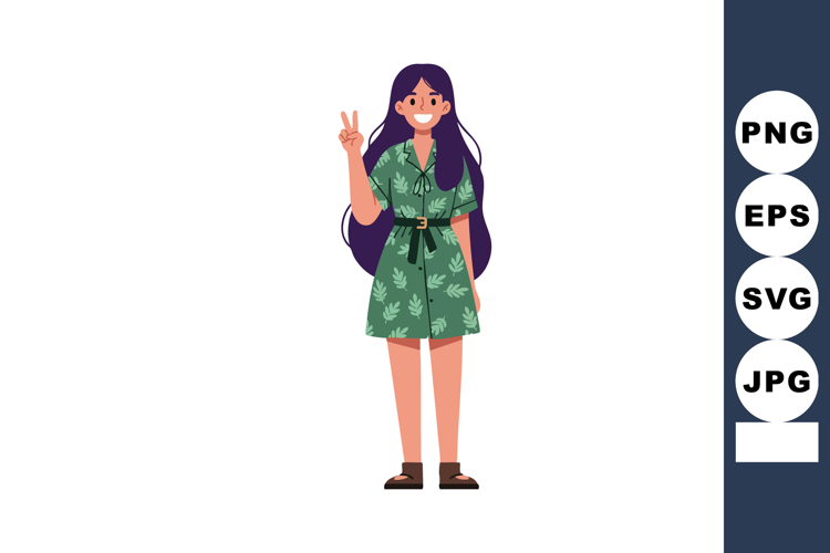 Young woman showing peace sign in green leaf patterned dress