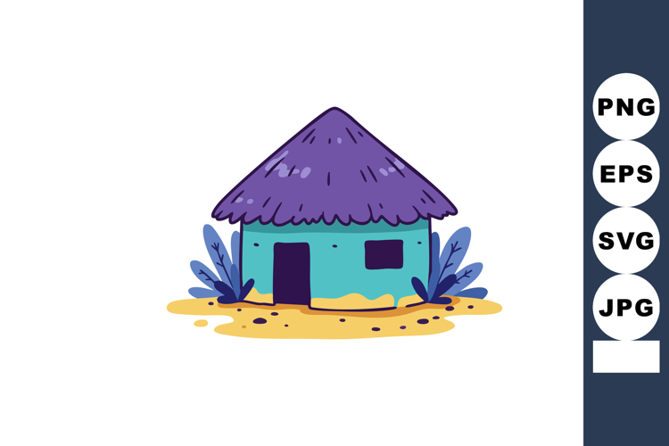 Small traditional hut with purple thatched roof and blue wal