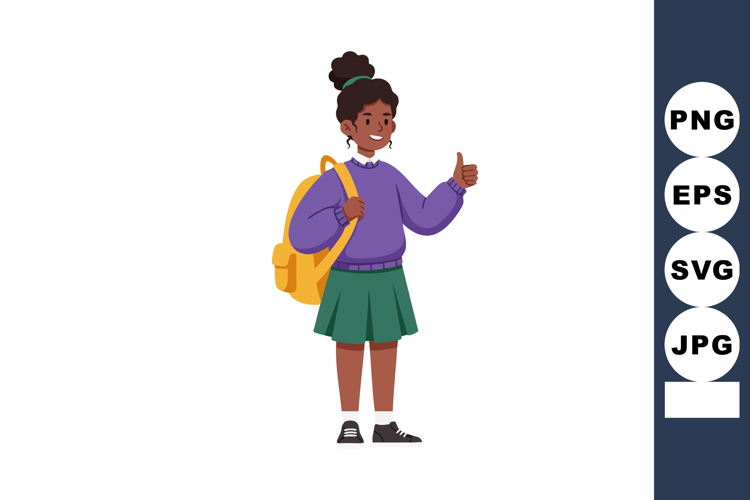 Schoolgirl with yellow backpack and green skirt giving thumb