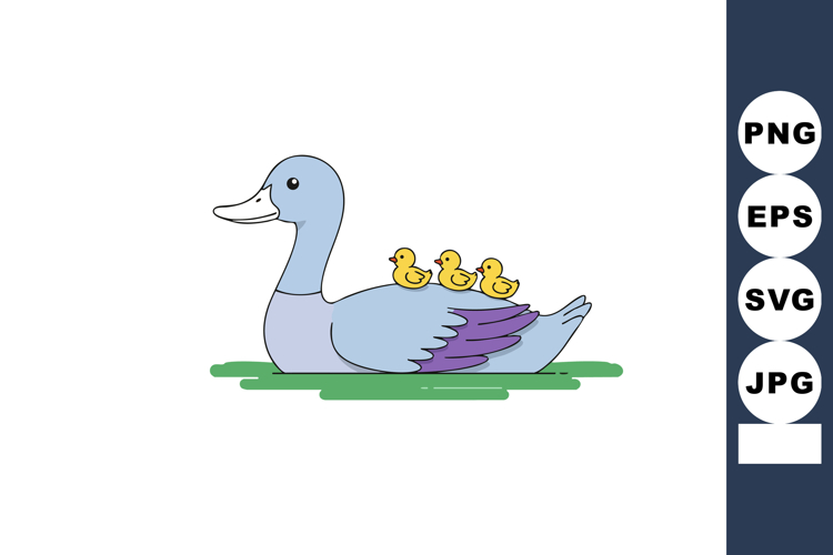 Blue duck with three yellow ducklings floating on green wate