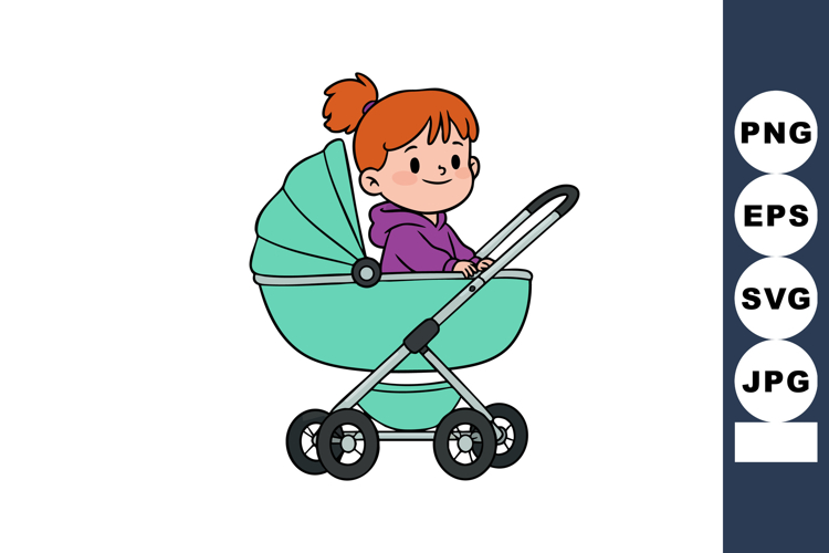 Child sitting in teal baby stroller with purple hoodie vecto