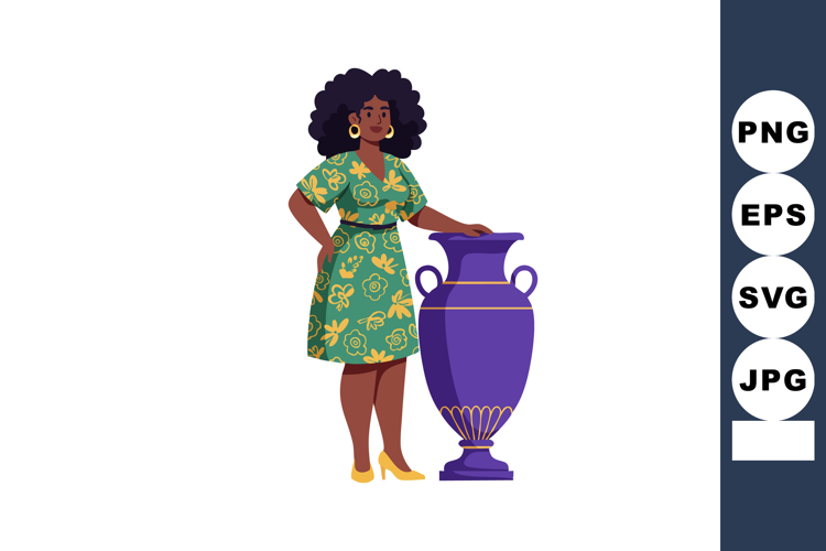 Woman in green floral dress standing next to large purple va