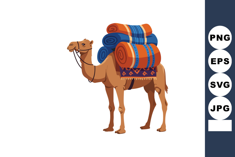 Camel with colorful rugs and blankets carrying loads in dese