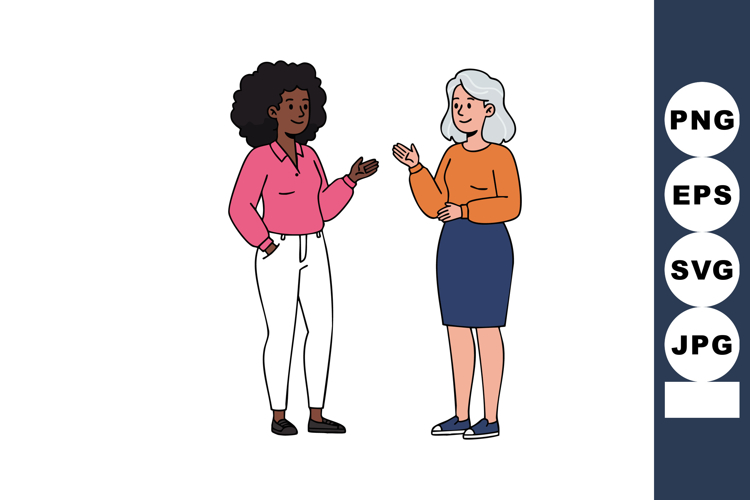 Two women having casual conversation in colorful clothing ve