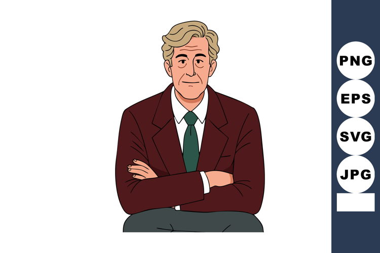 Mature man with blond hair wearing burgundy suit and green t