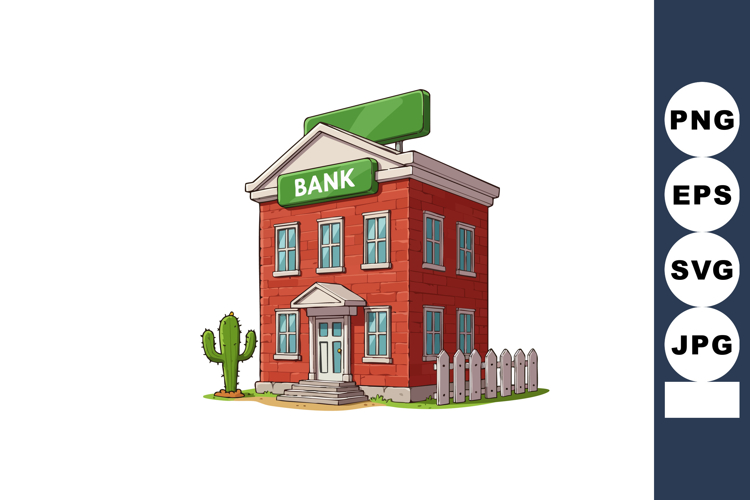 Bank Building Exterior with Green Sign and Cactus Landscape