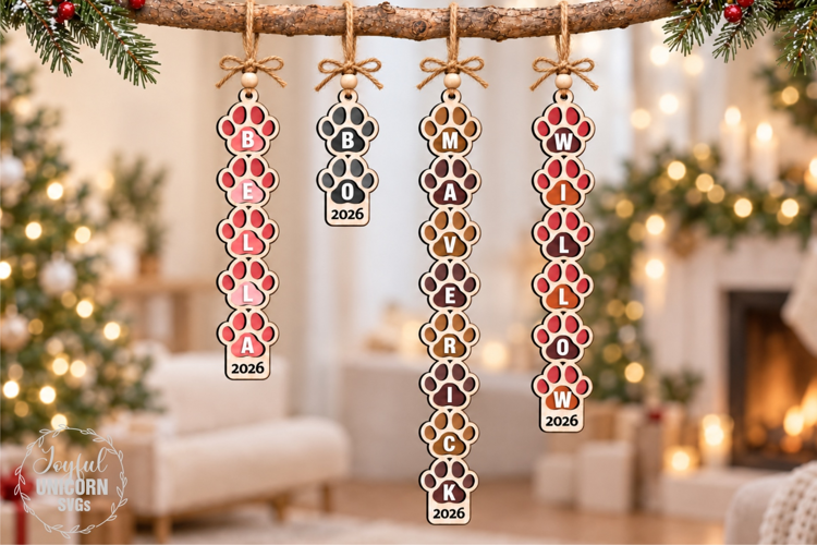 Personalized Dog Paw Ornament SVG Vertical Pet Name Ornament