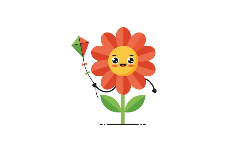 Happy cartoon flower character holding a colorful kite in fl