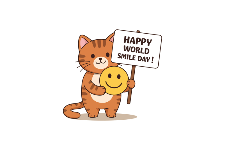 Cute cartoon cat holding a smiley face and a sign for Happy