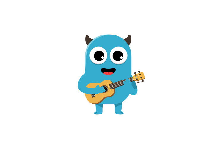 Blue cartoon monster playing a small guitar in a cheerful fl