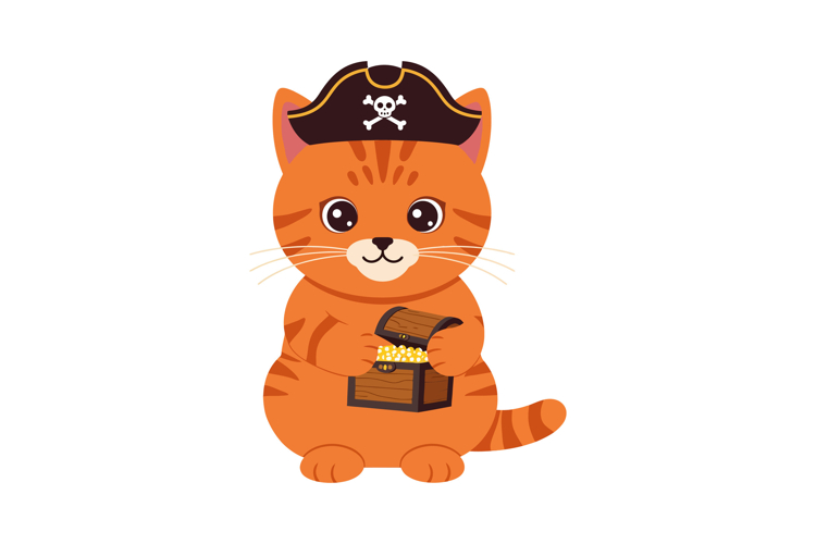 Cute orange kitten wearing a pirate hat joyfully holding a t