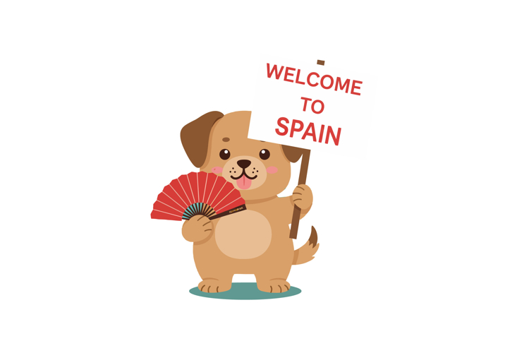 Cute dog holding a fan and sign welcoming to Spain in minima