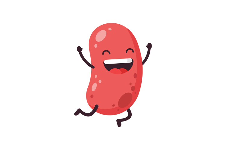 Happy cartoon red bean character dancing joyfully in a vibra