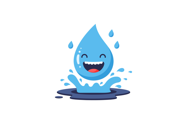 Happy water droplet character making a splash in a playful,