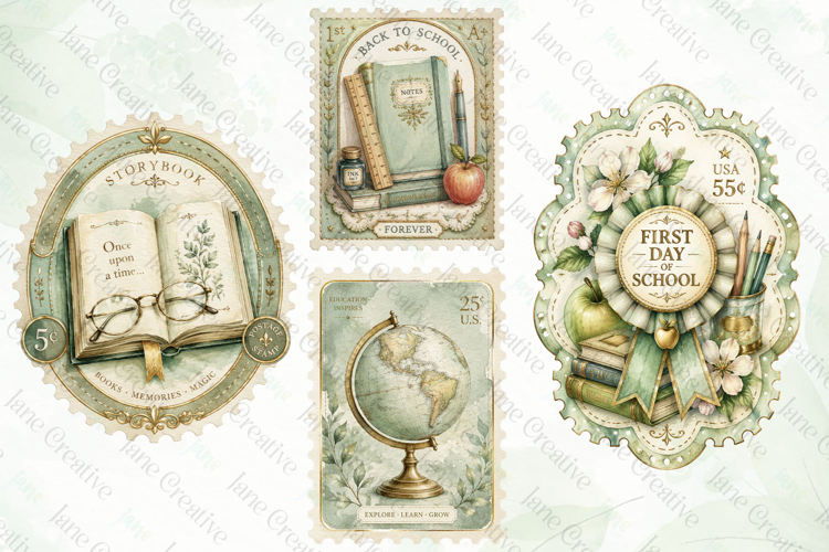 Vintage Back to School Postage Stamp Clipart