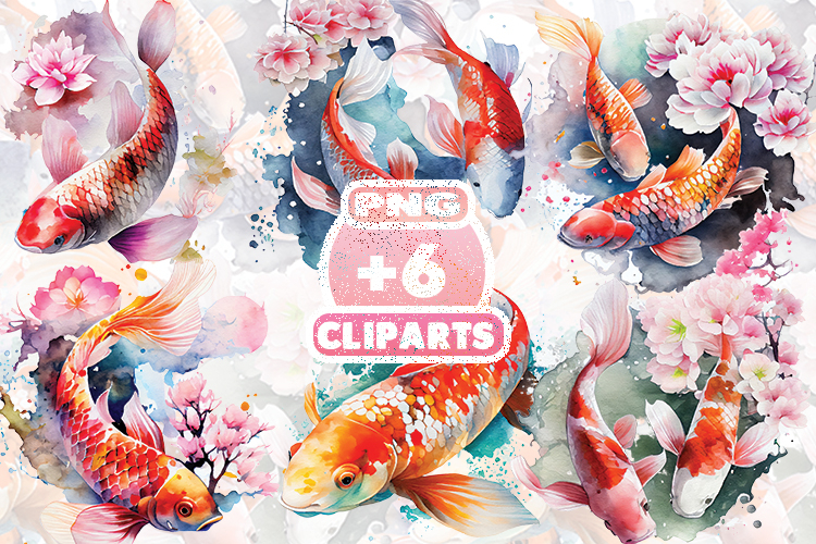 Japanese Koi Fish Cherry Blossom Clipart |Watercolor Koi