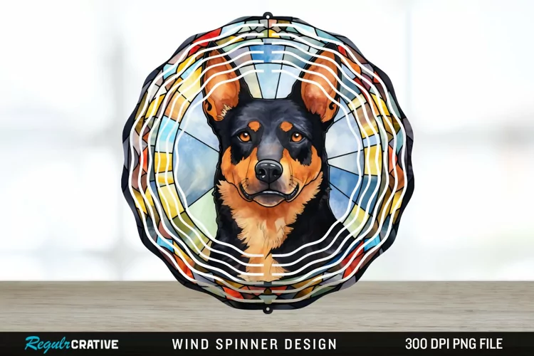 Japanese Watercolor Australian Kelpie Dog Wind Spinner PNG