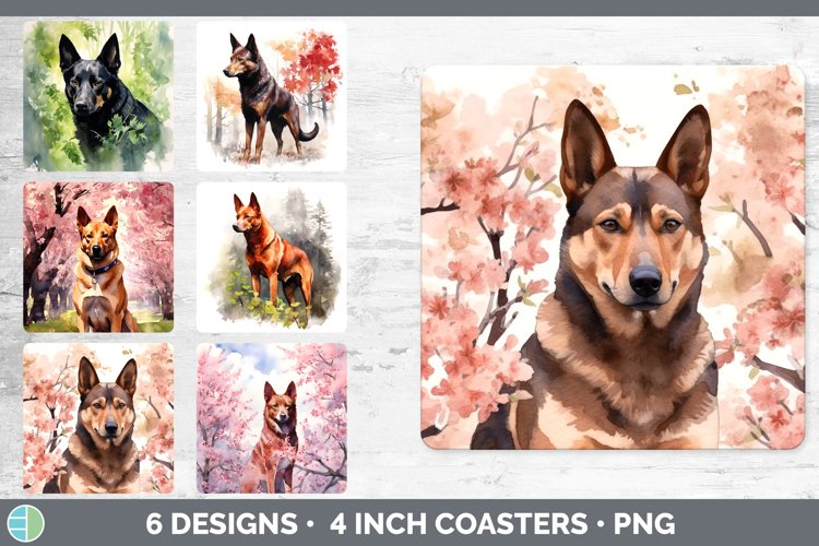 Bundle of six Watercolor Australian Kelpies Square Coaster designs.