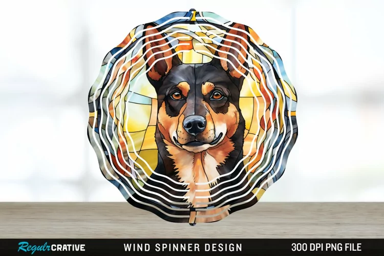 Japanese Watercolor Australian Kelpie Dog Wind Spinner PNG
