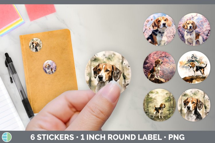 Beagle Labels Japanese Watercolor Beagle Dog Stickers | Round Labels Desig