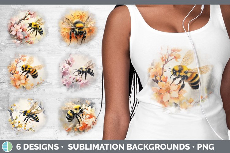 Bundle of six Watercolor Bees Grunge Background designs.