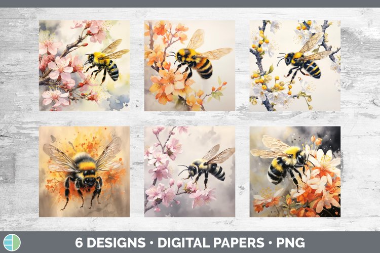 Bundle of six Watercolor Bees Paper Backgrounds designs.