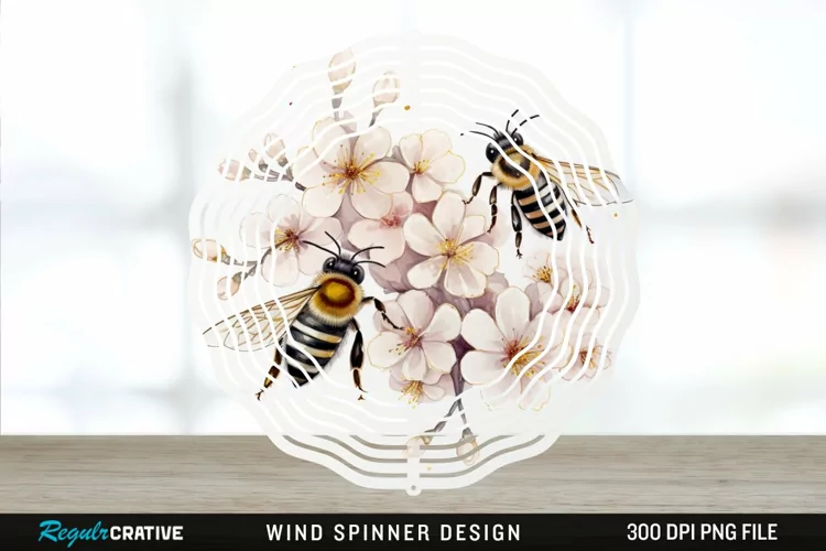 Japanese Watercolor Bees Wind Spinner Sublimation Design PNG
