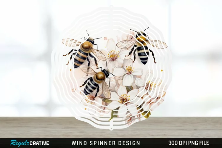 Japanese Watercolor Bees Wind Spinner Sublimation Design PNG