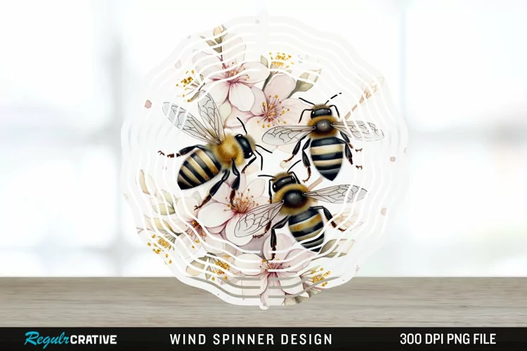 Japanese Watercolor Bees Wind Spinner Sublimation Design PNG